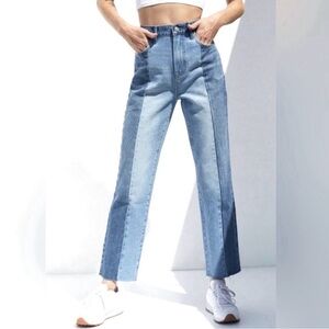 PacSun High Rise Straight Two Tone Straight Leg Cut Off Jeans Button Fly Sz 25